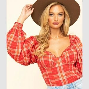 Free People Womens Red Bomb Plaid Smocked Puff Sleeve Crop Top Size S NWT